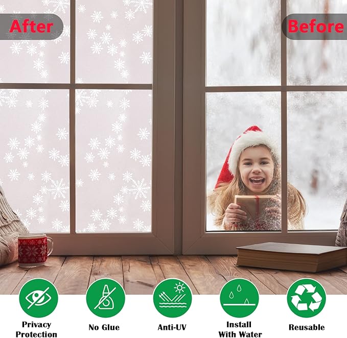 Niviy Christmas Decorations Privacy Window Film Snowflakes Window Clings Decals Stickers Non Adhesive Frosted Glass Film Heat Control 17.7” x 78.7”