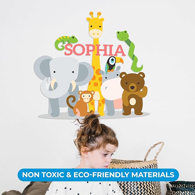 CRYPTONITE Personalized Name Jungle Animals Vinyl Wall Decor I Nursery Wall Decal for Baby Boy & Girl Decoration I Stickers for Kids I Multiple Options for Customization (A. Jungle Animals)