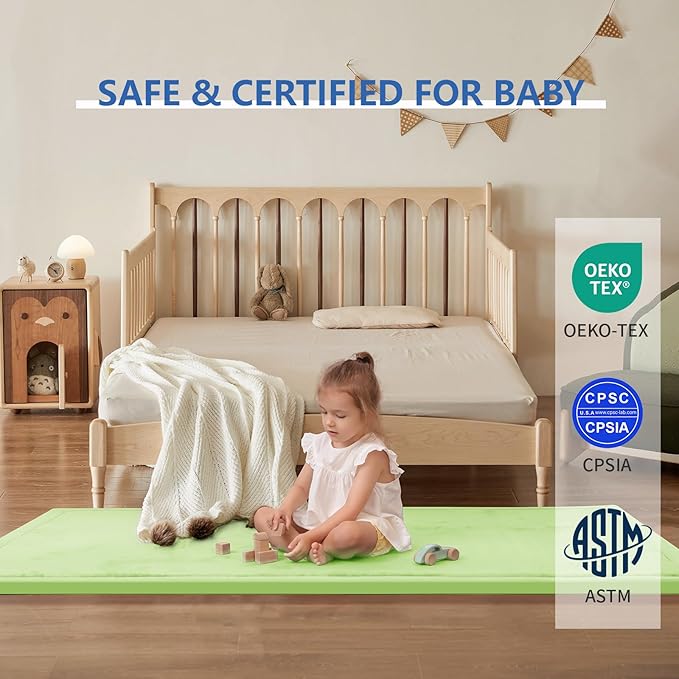 Play Mat for Babies Toddlers,1.3" Thick Elasti-Foam Anti-Fall Cushion Mat for Kids Room,28×72 Bedroom Bedside Rugs,Water-Repellent Soft Coral Velvet(Light Green)
