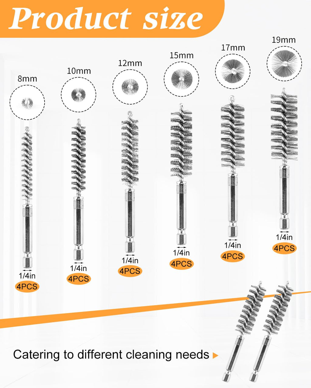 24 pcs Bore Brush for Drill, Stainless Steel Wire Cleaning Brush Set, Abrasive Wire Bore Brushes Set with 1/4 Inch Hex Shank for Rust, Cleaning Tubes (8/10/12/15/17/19MM)