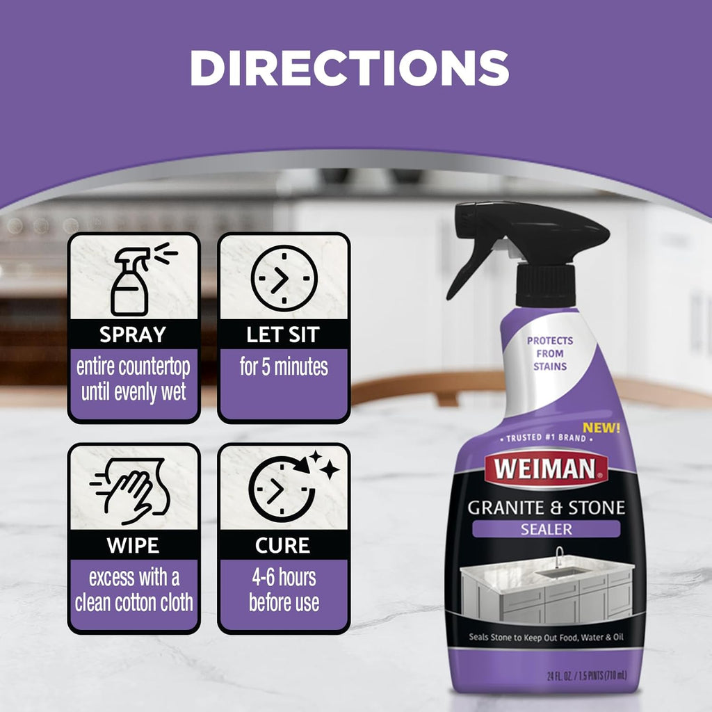 Weiman Granite & Stone Sealer Spray - Protects Kitchen Countertops, Sinks, Showers, Vanities & Floors From Stains - For Granite, Quartz, Marble, Tile, Limestone, Slate - Water Based, 24 oz