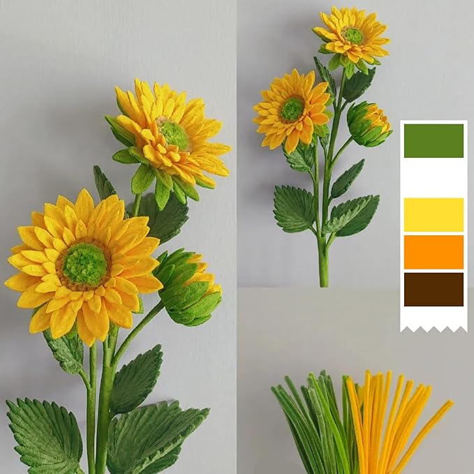 500 Pcs Pipe Cleaners Craft，5 Colors Pipe Cleaners Bulk,Chenille Stems Flowers Craft kit for DIY Handmade Bouquet Wrapping Party Decorations whit Ribbons，Stems,Tape，Stamens, Glue Sticks (Sunflower)