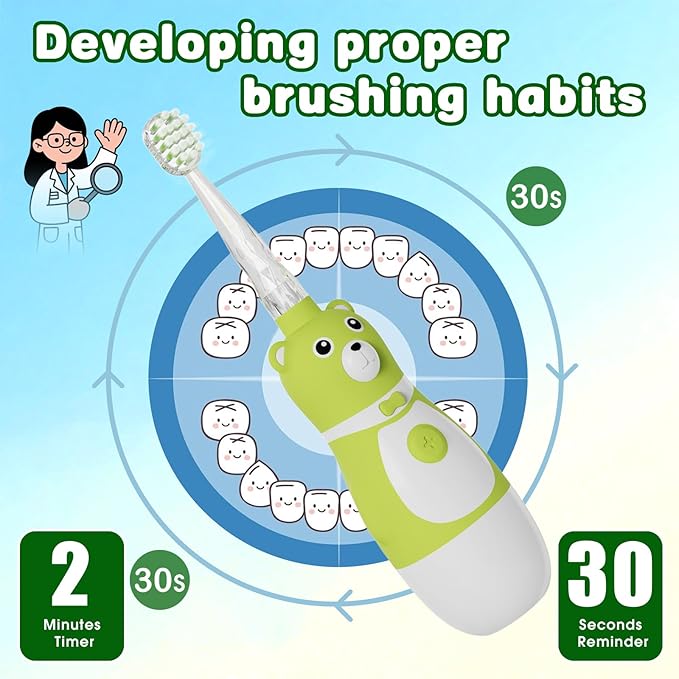 Kids Battery-Powered Electric Toothbrush for Toddler Ages 2-10, Extra Soft Bristles with 3 Cleaning Modes, 2-Min LED Timer IPX7 Waterproof Deep Clean