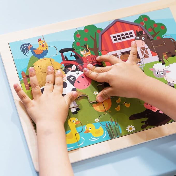 Animals Wooden Jigsaw Puzzle for Kids Set of 2 - African Wildlife and Farm Animals（15 pcs） Preschool Educational Learning Toys Gift for Toddlers Boys and Girls