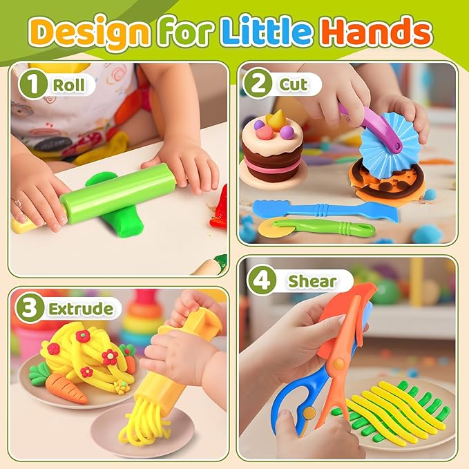Dough Play Tools Sets for Kids, 22pcs Clay and Dough Accessories for Toddlers with Storage Box, Silicone Mat, Rolling Pins, Safety Scissors, Mini Knife,3D Dino & Animal Molds, Gift for Boys Girls