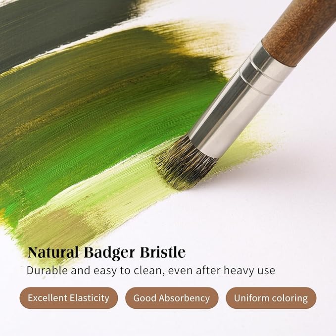 Professional Oil Paint Brushes, Fuumuui 5Pcs Natural Badger Bristle Blending Brush Set for Acrylic, Oil and Gouache - Round Flat Top Shape with Birch Handle