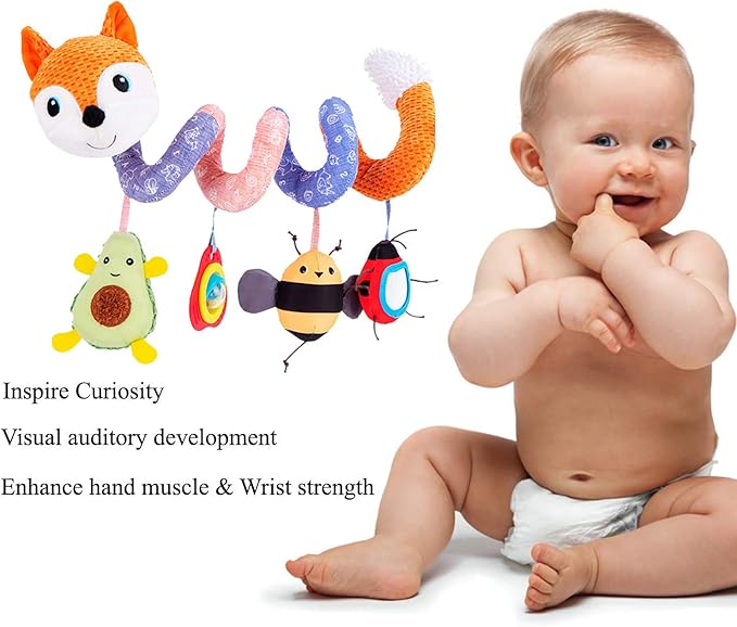 Car Seat Toys, Baby Plush Spiral Hanging Toys for Stroller Crib Bar Bassinet Car Seat Mobile with Music Box BB Squeaker Rattles- Orange Fox