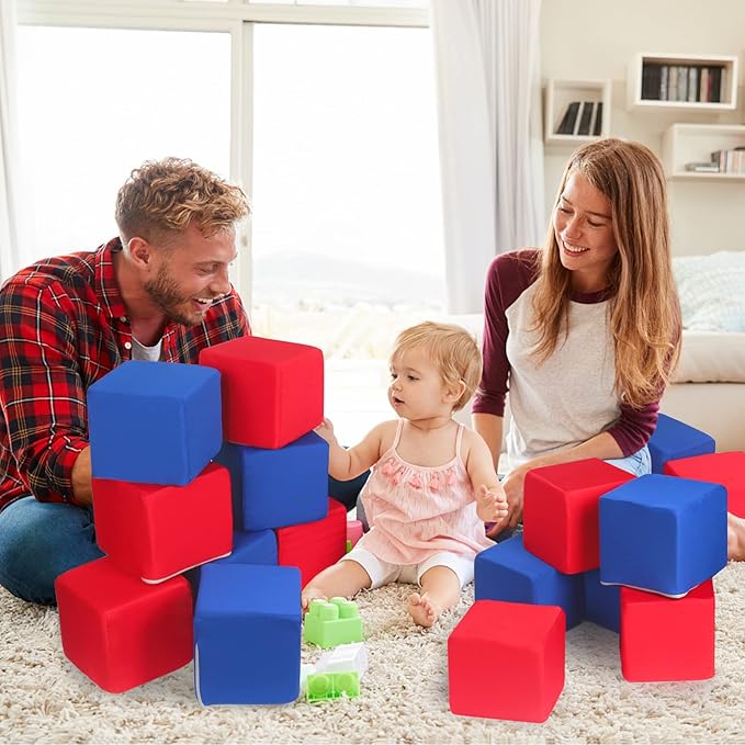 Toddler Foam Blocks, 16 PCS 5.5 inch Colourful Foam Soft Cubes for Kids, Stacking Block Sets Building Blocks Throwing Toys（Blue and Red）