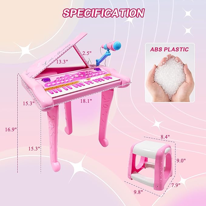 Dollox Keyboard Piano for Kids, 37-Key Toddler Piano Musical Instrument Toy, Electric Keyboard for Girls, 3, 4, 5, 6, 7 Years Old Birthday Gift - Mini Music Toy with Stool (Pink)