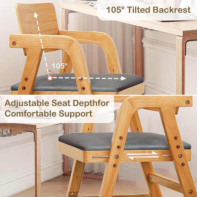 Solid Wood High Chair for Toddlers to Teens, Adjustable Height Toddler Dining Chair, Easy to Clean Toddler Highchair with Removable PU Cushion for Dining, Studying, Step Tool, Natural