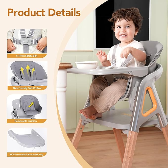 CoziBB Baby High Chair, 6 in 1 Convertible Growing Baby Highchairs for Babies and Toddlers, Baby Chair with Adjustable Dining Tray and Seat, 5-Point Safety Belt, Grey