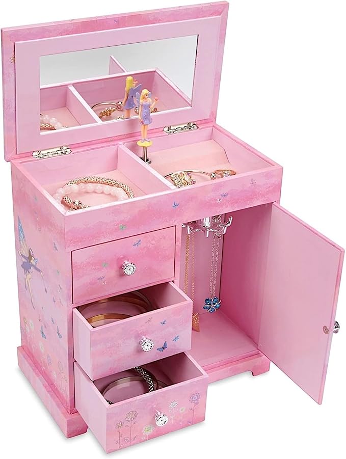 Jewelkeeper Jewelry Box - Jewelry Box for Girls with Ballerina Music Box - 3 Spacious Drawers, Necklace Carousel, Soft Pink Lining and Flowers Design - Sugar Plum Fairy Tune - 9.5 x 7.75 x 9.5 in