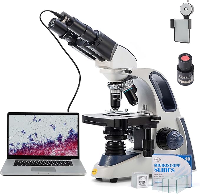 SWIFT SW380B Binocular Compound Microscope,40X-2500X with 1.3MP Camera,100pcs Microscope Slides,Microscope Kit for Students School Lab