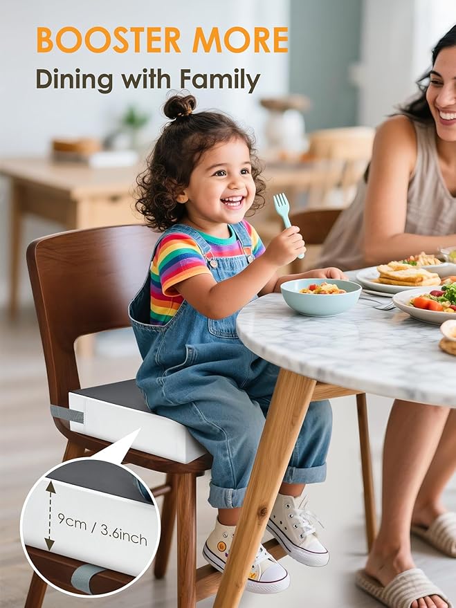 Booster Seat for Kitchen Chair, Adjustable Washable Safety Belts Toddler Booster Seats, PU Non-Slip Kids Dining Table Booster Seat, Portable Travel Increasing Cushion for Child Kid Boy Girl - Gray
