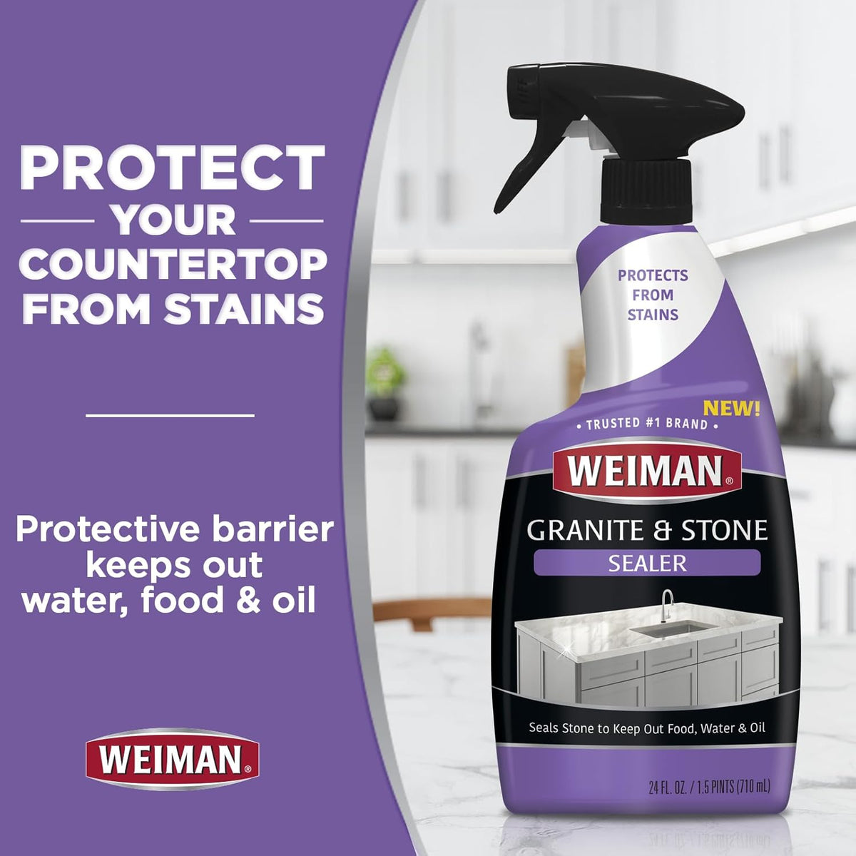 Weiman Granite & Stone Sealer Spray - Protects Kitchen Countertops, Sinks, Showers, Vanities & Floors From Stains - For Granite, Quartz, Marble, Tile, Limestone, Slate - Water Based, 24 oz