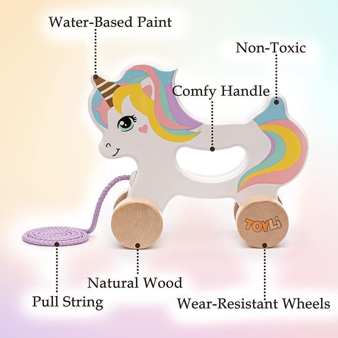 Wooden Unicorn Push & Pull Along Toy Developmental Montessori Toddler Pull Toys Improves Balance Strength Confidence for Infants Develop Cognitive Skills Baby Toddlers 18 Month Pull Toy