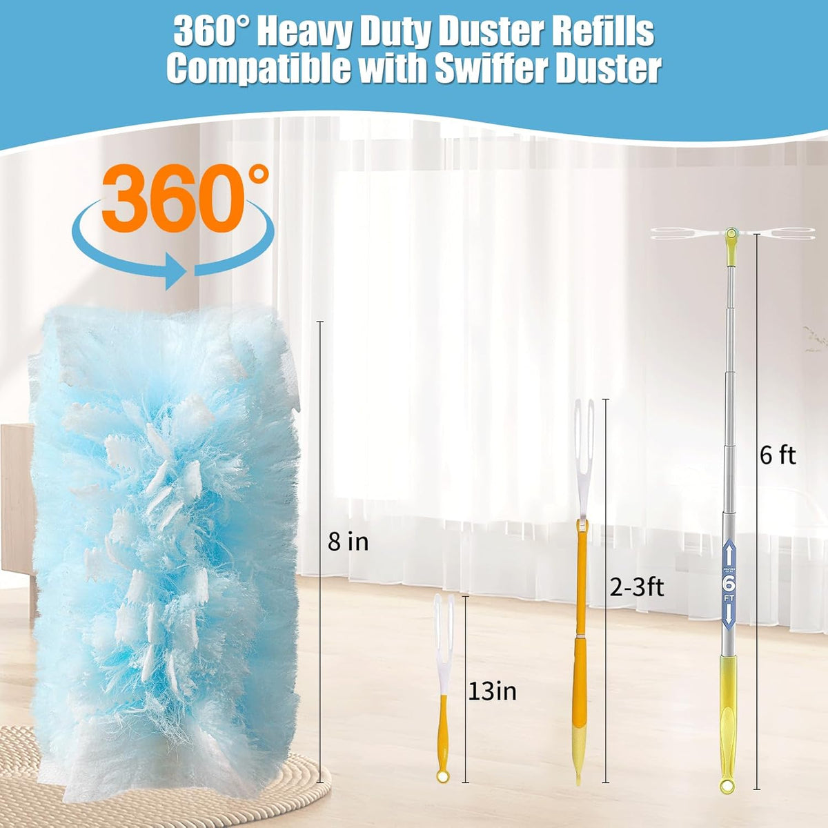 40 Count 360° Heavy Duty Duster Refills Compatible with Swiffer,Large Size-Extra Thick Disposable Electrostatic Duster Refill with 1 Retractable Handle(35-inch Length Fully expanded)