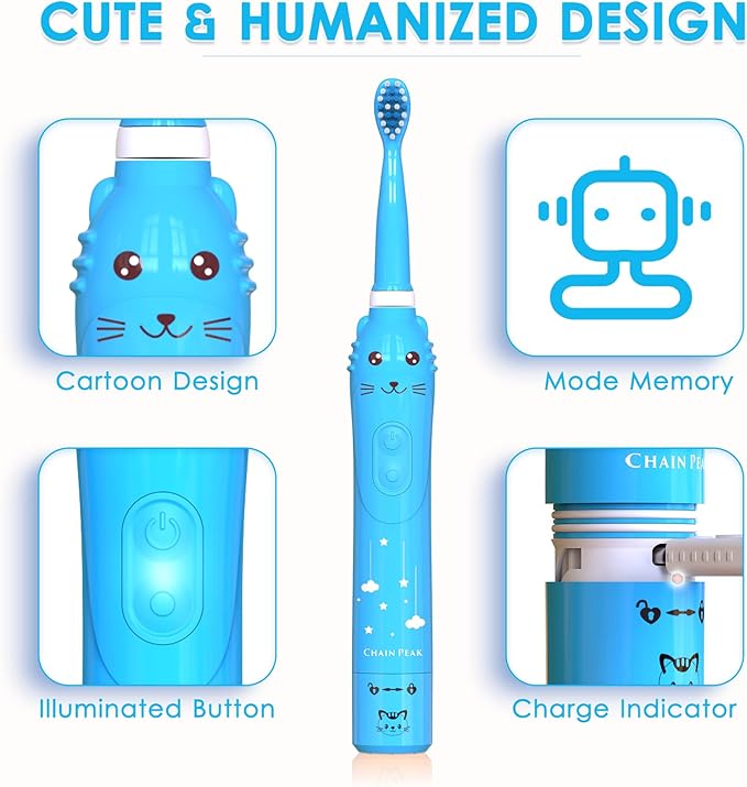 Kids Sonic Electric Toothbrush, Rechargeable Smart Toothbrush for Children Toothbrush for Toddlers Boys Girls Age 3-12 with 30s Reminder, 2 Mins Timer, 6 Modes, 6 Brush Heads, Wall-Mounted Holder