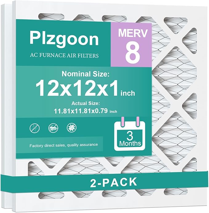 12x12x1 Air Filter MERV 8 (2 Pack) MPR 600 Pleated AC Furnace Filters Replacement (Exact Dimensions: 11.81"L x 11.81"W x 0.79"Th) Compatible with Air Conditioner AC HVAC Furnace