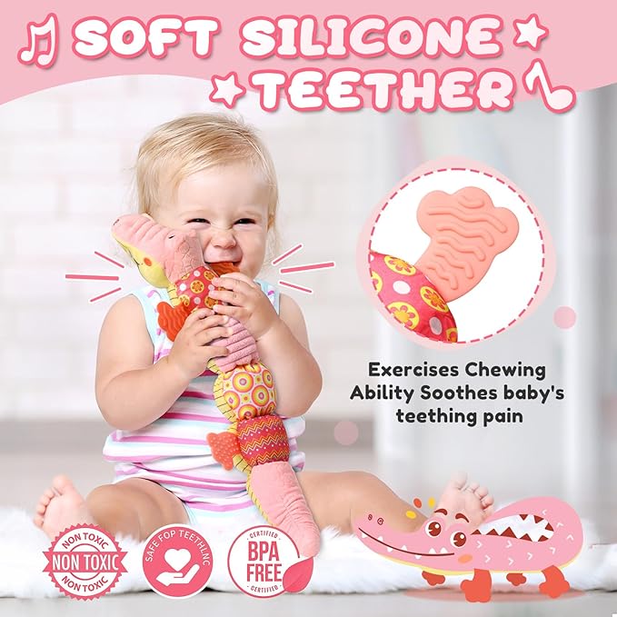 Baby Toys 0 to 12 Months, Musical Stuffed Animal Activity Soft Toys with Multi-Sensory Crinkle, Rattle and Textures,Infant Tummy Time Toys for Newborn Boys Girls, Crocodile, Pink