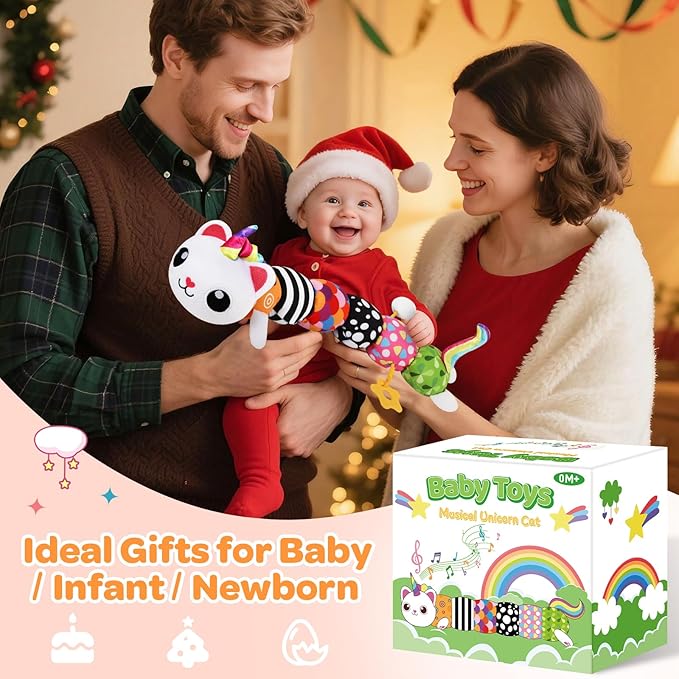 Baby Toys 0-6 6-12 Months, Sensory Musical Animal Stuffed Toy for Infant 0-3 3-6 Months, Tummy Time Toys with Mirror Crinkle Rattle, Plush Unicorn Cat Toy Gifts for 0 1 2 3 4 5 6+ Months Boys Girls