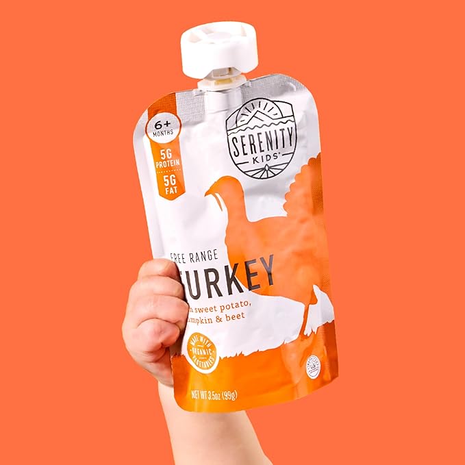 Serenity Kids 6+ Months Turkey Puree Baby Food Pouches - Ethically Sourced BPA-Free Pumpkin Puree & Organic Veggies - 3.5 Oz, 12 Pack