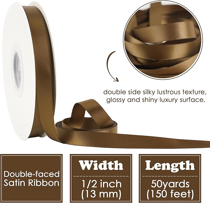 HUIHUANG Brown Satin Ribbon 1/2 inch Continuous 50 Yards Double-Faced Satin Ribbon for Gift Wrapping, Bows, DIY Crafts, Flower Bouquet, Wedding Decor, Holiday Decor