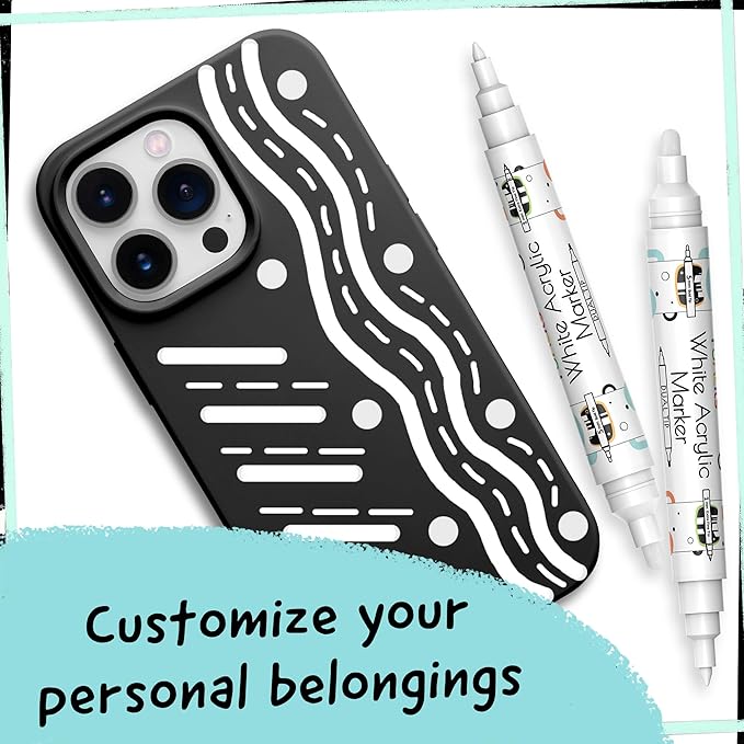 4 Dual Tip White Paint Pen - Extra Fine Tip & Medium - Permanent ink, White Acrylic Paint Pen for Wood, Fabric, Glass, Plastic, Ceramic, Rocks, Coloring Book Art - Acrylic Markers, Quick Dry