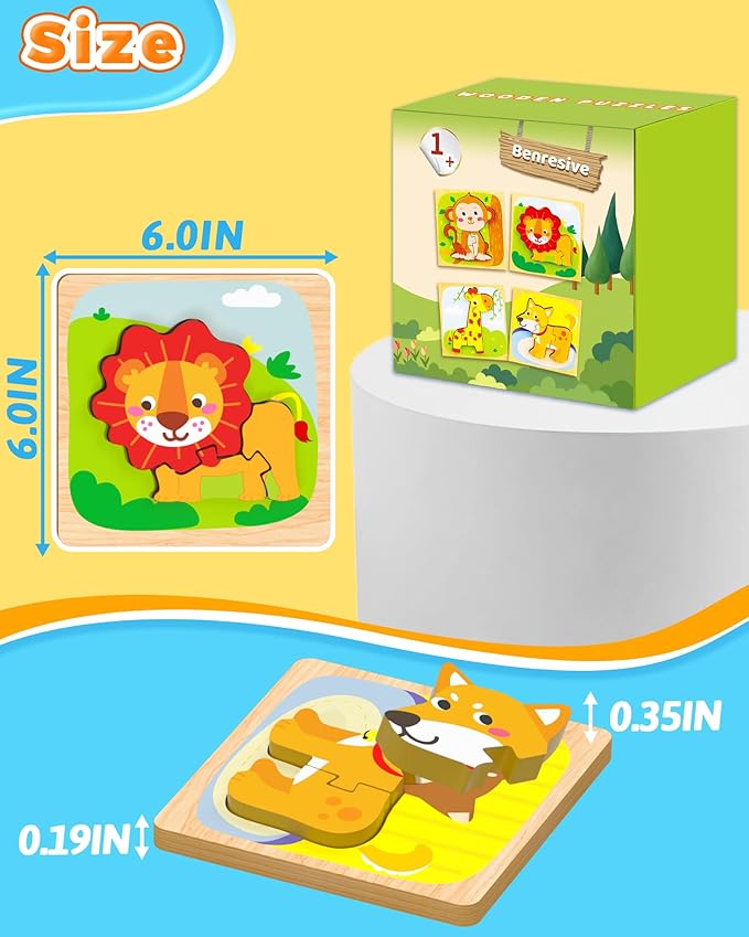 Benresive Wooden Toddler Puzzles, 4pcs Animal Montessori Toys for 1-3 Year Old Boys & Girls, Learning Educational Preschool Toys, Great Gifts for 1 2 3 Year Olds