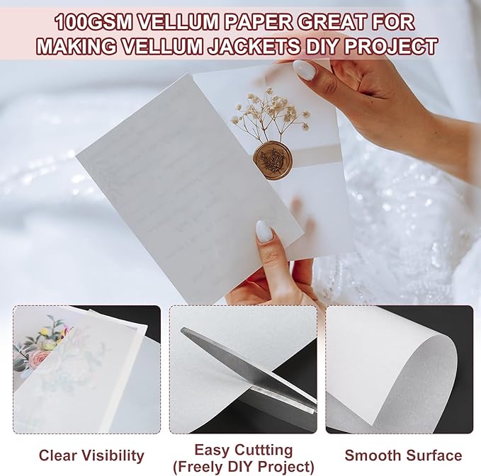 PATIKIL 60 Sheets Vellum Paper 8.5x11inches, Printable Translucent Paper 100GSM Colored for Invitations Laser Inkjet Printing Card Making Crafting Wedding Tracing, Beige Gold/White