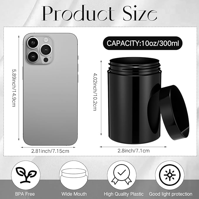 SATINIOR 24 Pieces Empty Clear Plastic Jars with Lids Round Storage Containers Wide Mouth for Beauty Product Cosmetic Cream Lotion Liquid Butter Craft and Food(Black,10 oz)