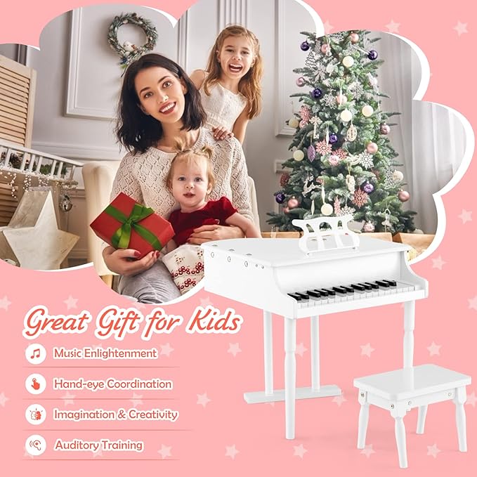 Goplus 30-Key Classical Kids Piano, Mini Grand Piano Wooden Learn-to-Play Musical Instrument Toy with Bench, Piano Lid, Music Rack, Gift for Boys Girls Aged 2+ Baby Toddler(3 Straight Leg-White)