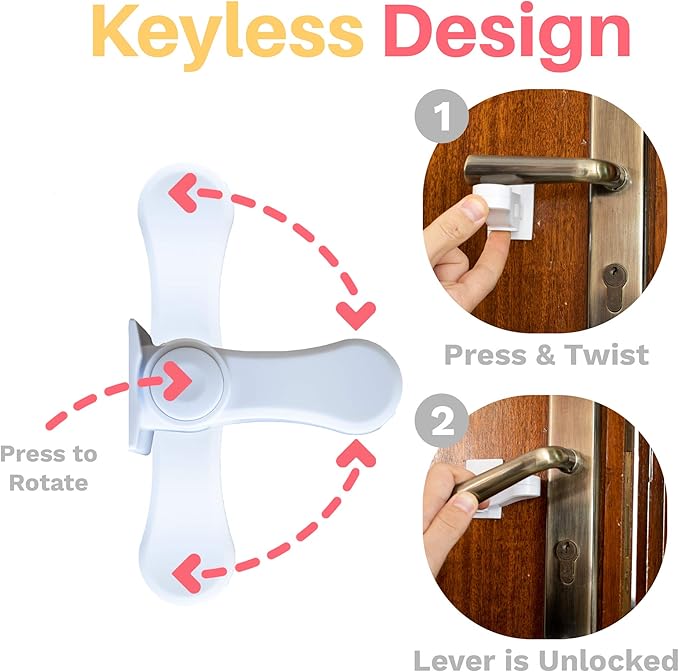 Inaya Child Proof Door Lever Lock (4-Pack) - Door Handle Lock - 3M Adhesive - Minimalist Design - No Drilling Child Safety Door Handle Locks