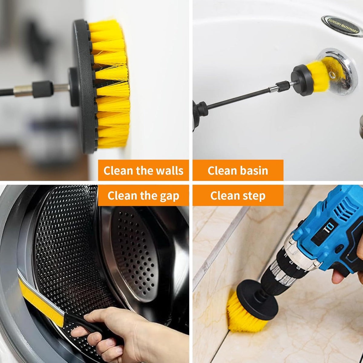 10 Pack Drill Brush Attachment Set, Drill Scrubber Brush Kit, Drill Cleaning Brush, Scrub Brush for Grout Floor Tub Shower Bathtub Tile Sink Toilet Bathroom Kitchen Car Yellow