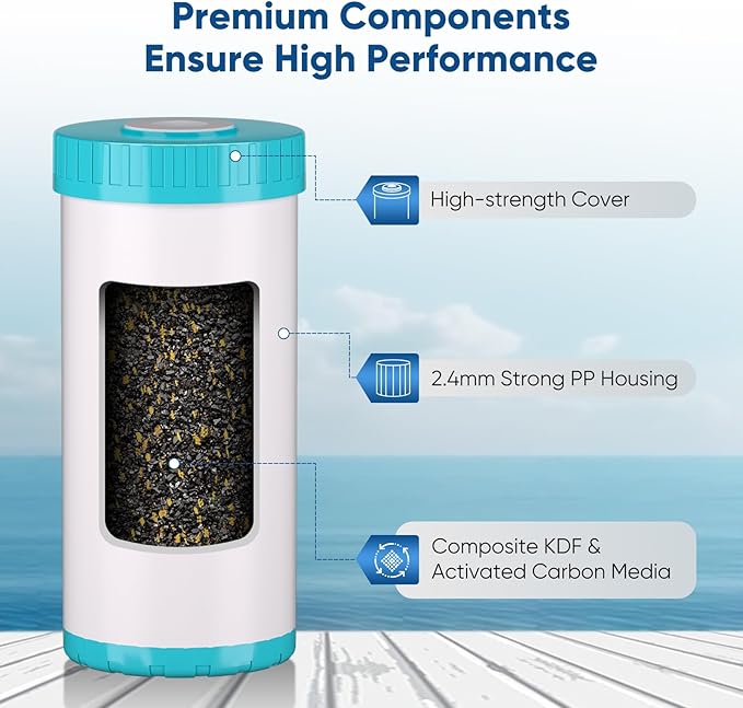 PUREPLUS 5 Micron 10" x 4.5" Whole House KDF/GAC Water Filter, Heavy Metal Removal Replacement Water Filter, RFN10BB-CKDF, 1PACK