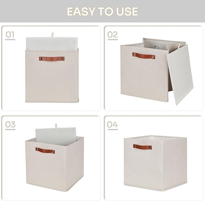 HNZIGE Foldable Storage Cubes Bins for Organizing, Set of 4, Fabric Cube Canvas Storage Bins 11 x11, Collapsible Bins for Organization with Handles for Shelf Nursery(Beige)