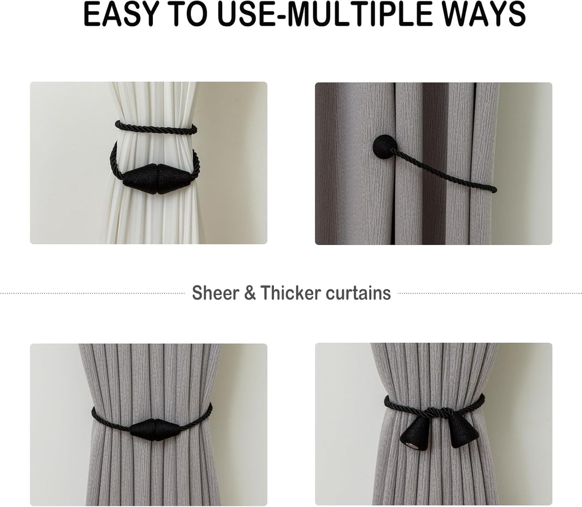 Magnetic Curtain Tiebacks 6 Pack Outdoor Rope Curtain Tie Backs Decorative Window Treatment Holdbacks for Home Decorative Curtain, Black