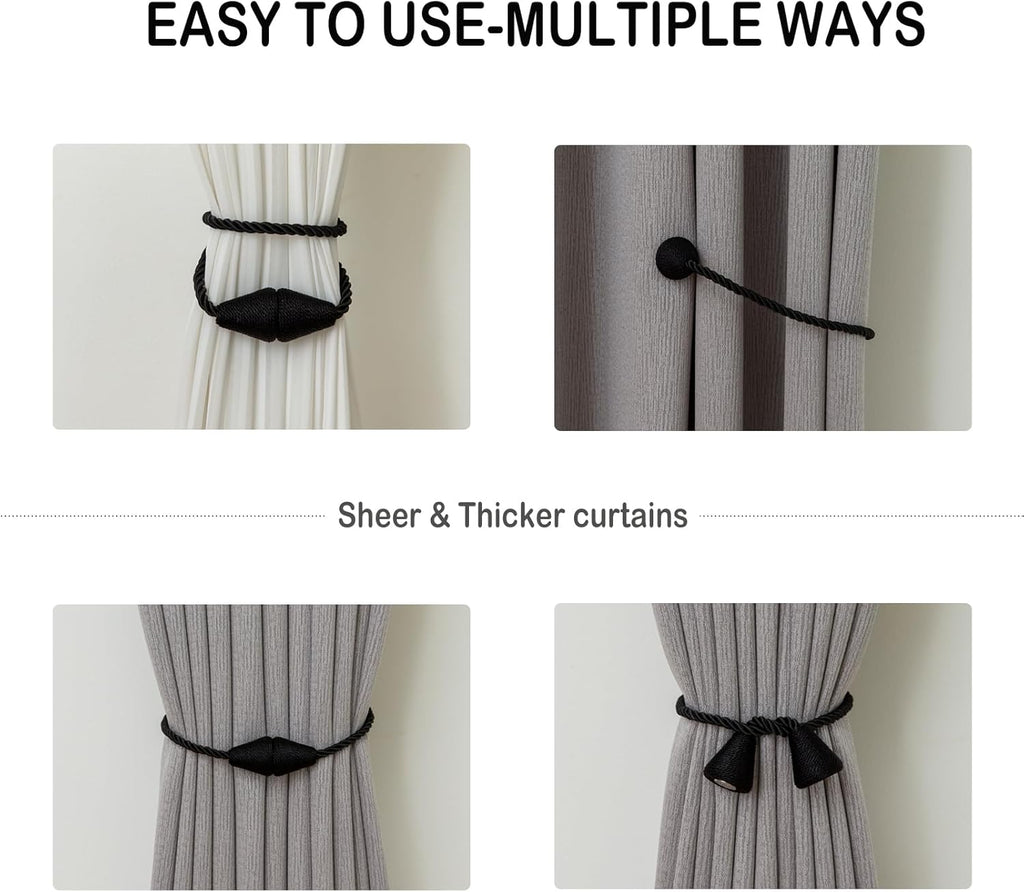 Magnetic Curtain Tiebacks 8 Pack Outdoor Rope Curtain Tie Backs Decorative Window Treatment Holdbacks for Home Decorative Curtain, Black