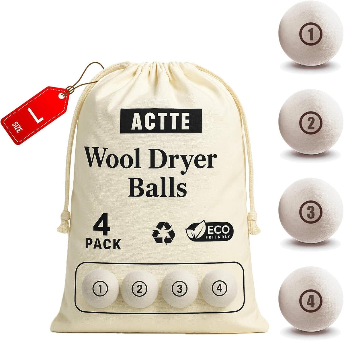 Sheep Wool Dryer Balls 4 Pack L(2.3") Premium Natural Fabric Softener, Reusable Laundry Dryer Balls for Reducing Drying Time, Static and Wrinkles, Eco-Friendly – 100% New Zealand Wool