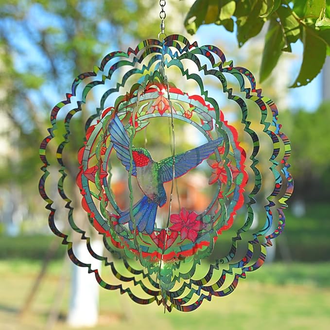 Wind Spinners Outdoor Hummingbird Decorations - Birthday Gifts for Women Mom Grandma, Hanging 12 inch 3D Sculptures for Garden Decor for Outside, Patio, Yard
