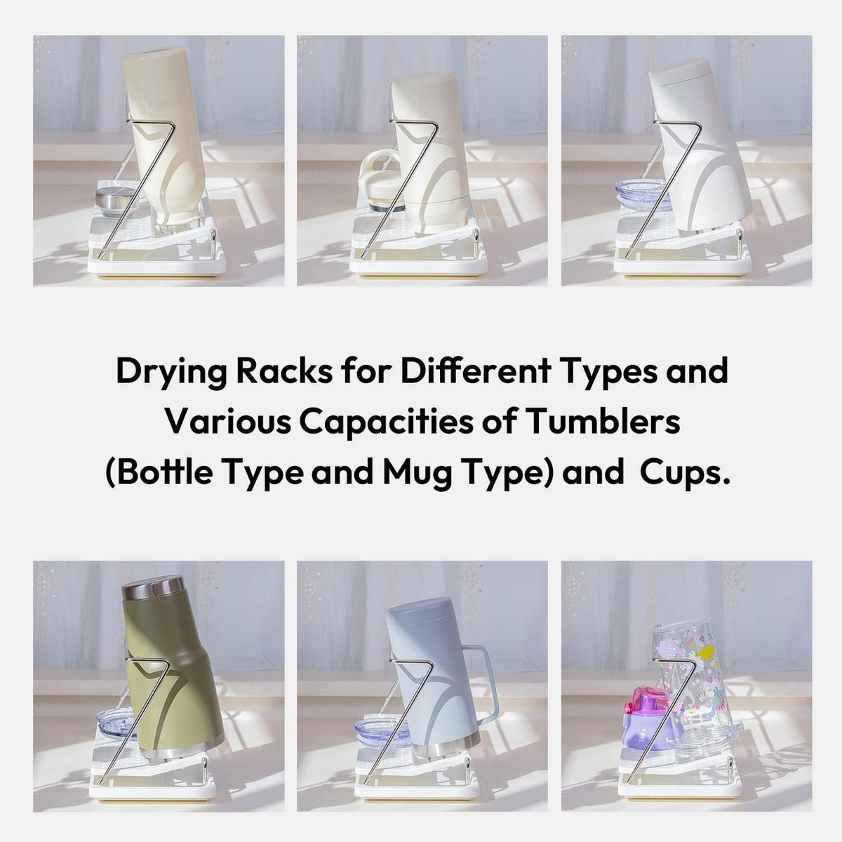 carrotez Bottle Drying Rack, Tumbler Rack with Drain Tray - Narrow and Wide Openings with Various Capacity, Mug Type and Cup Type - White