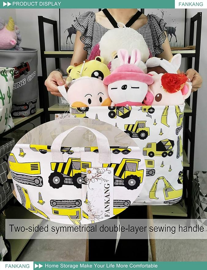 FANKANG Square Nursery Hamper Storage Bins Canvas Laundry Basket Foldable with Waterproof PE Coating Storage Baskets Gift Baskets for Children, Office, Bedroom, Clothes（Square-Engineering ）