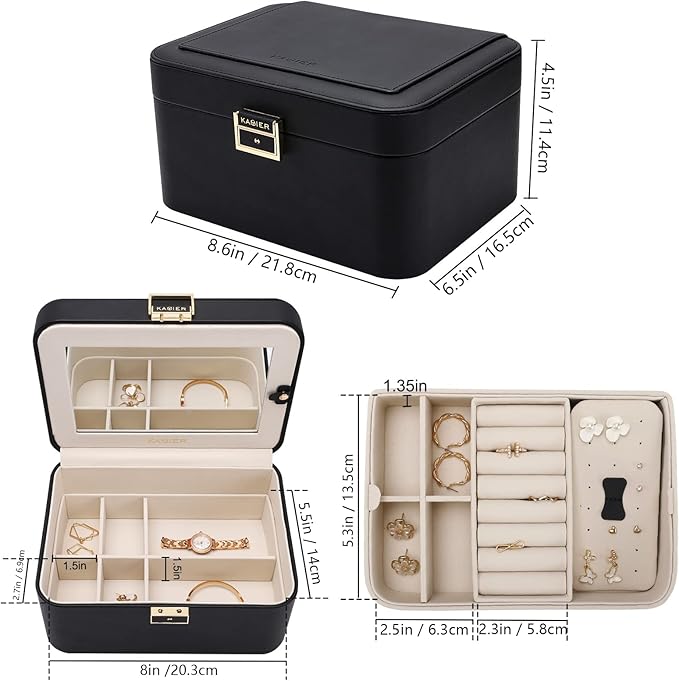 KAMIER Jewelry Holder Organizer, 2 Layers PU Leather Jewelry Box, Large Capacity, Double Lock and Large Mirror, Hidden Necklace Hooks, Removable Dividers, Gift Box Packaging, Black