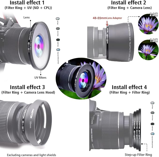 48mm Lens to 55mm Camera Lens Adapter,48mm-55mm Filter Step up Rings,Compatible All 55mm Filter Accessory.Made from CNC Machined