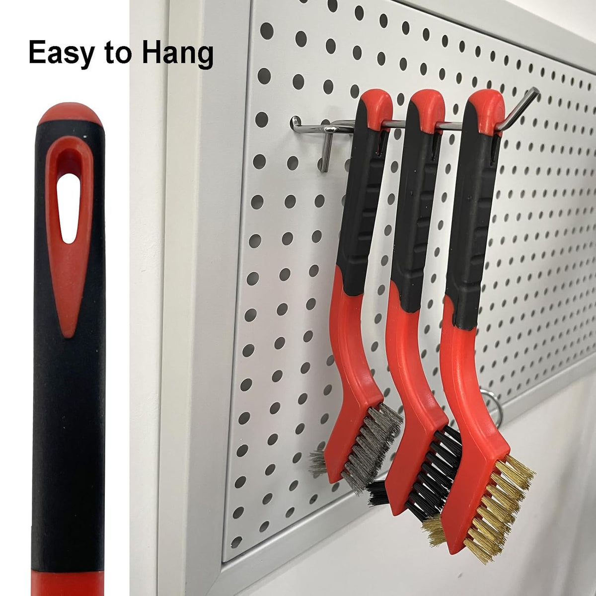 6Pcs Mini Wire Brush Set, Stainless Steel/Brass/Nylon Bristles Wire Brushes, Curved Handle Soft Grip for Rust, Dirt & Paint Scrubbing with Deep Cleaning – 7 Inches (Red)