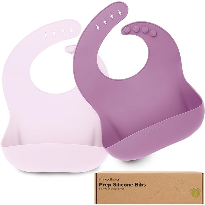 KeaBabies 2-Pack Silicone Baby Bibs for Eating - Sturdy Food-Grade Silicone Bibs for Babies Girl, Boy, Large Food Catcher, Clean & Put On Easily, Waterproof Toddler Feeding Essentials (Amethyst)