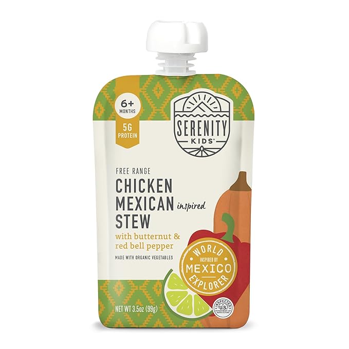 Serenity Kids 6+ Months World Explorers Chicken Mexican Stew Baby Food Pouches - Puree Pouch with Ethically Sourced Chicken & Organic Veggies - BPA-Free - 3.5 Oz, 12 Pack