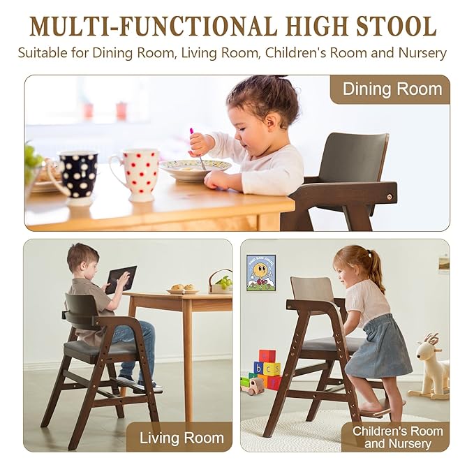 Solid Wood High Chair for Toddlers to Teens, Adjustable Height Toddler Dining Chair, Easy to Clean Toddler Highchair with Removable PU Cushion for Dining, Studying, Step Tool, Walnut