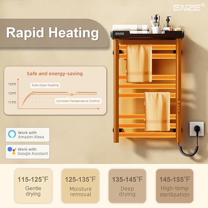 ENZE Heated Towel Rack with Shelf and Wi-Fi App Control, 8 Bars Electric Wall Mounted Towel Warmer with Timer & Adjustable Temperature, Low Carbon Steel, Plug-in/Hardwired, Matte Black