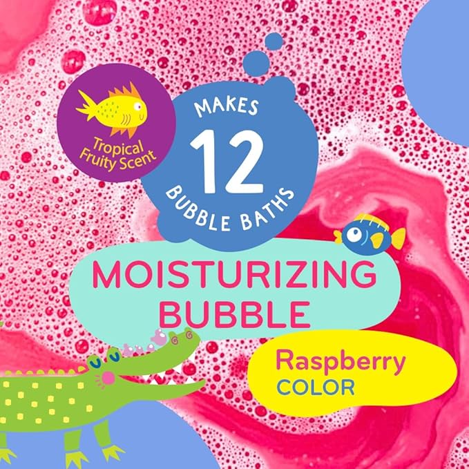 Mobi Little Whale Bubble Bath, Tropical Fruity Raspberry Scent Kids Body Wash, Gentle Moisturizing Tub Foam for All Skin Type, GMO-Free, Stain-Free, Fun Pink Color, 8 fl oz